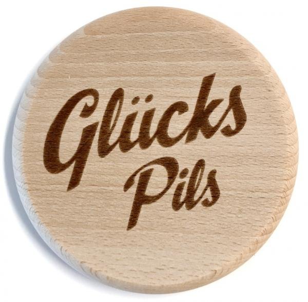 Holzpost Glasdeckel "GlücksPils"